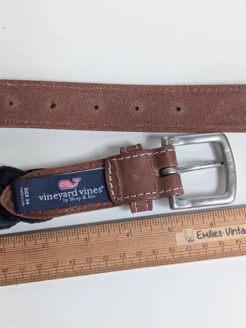 Vineyard Vines Mens Leather & Braided Rope Club Belt Navy Color Size:34 NWOT